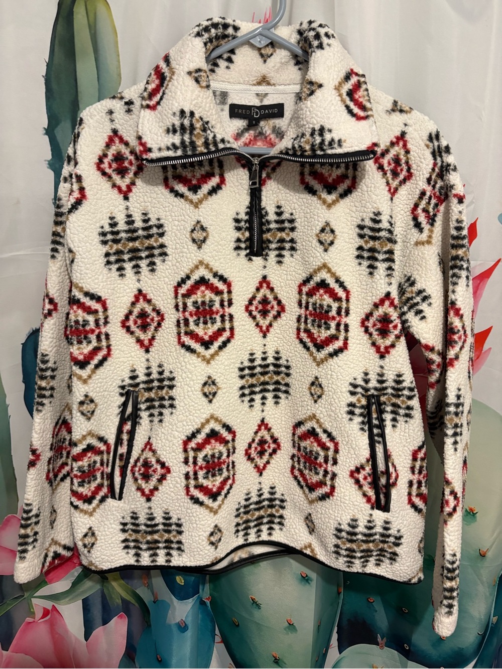 Fred David Womens Sherpa 1/4 Zip Pullover Sweatshirt Aztec Western Boho Pocket S